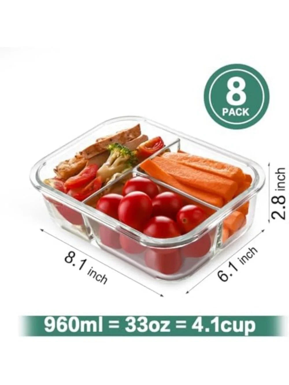 Set of 8 Glass Meal Prep Containers - 36oz, 3 Compartment, BPA-Free Lids